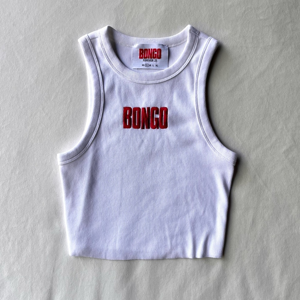 BONGO White Ribbed Crop Tank with Red Logo